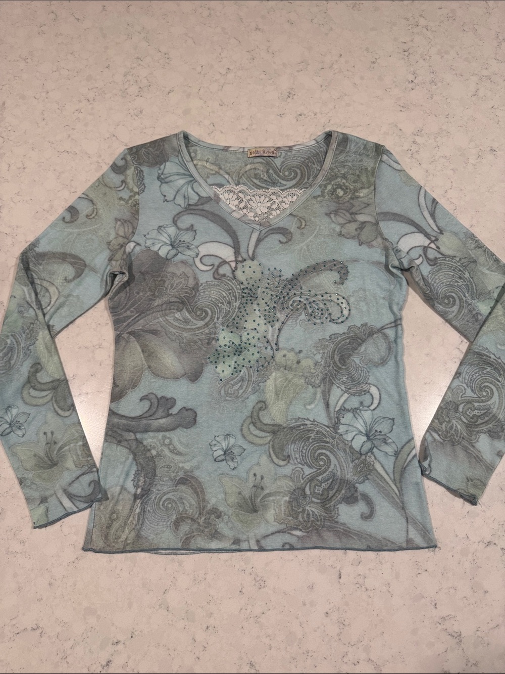 Y2K XCIT USA Floral Paisley Lace Accent Shirt Petite Med Artsy Fairy Bling Boho